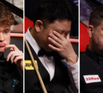 Players in professional attire at the Crucible snooker match focused under pressure.