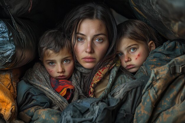 Mother and twins displaced by bombing in Lebanon, seeking safety.