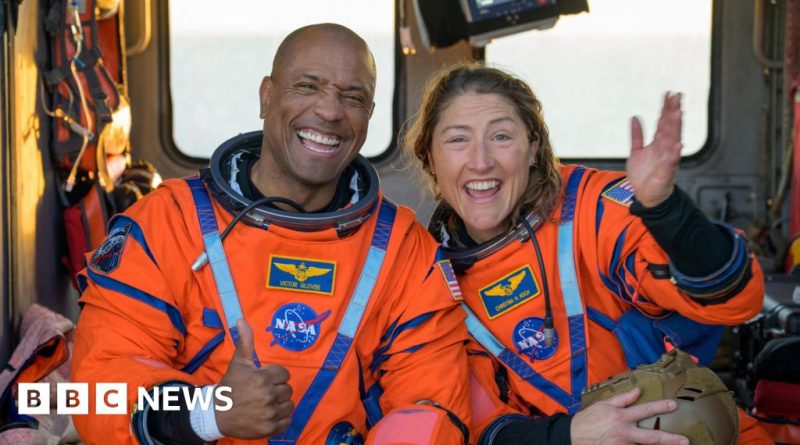 NASA astronauts celebrate their successful return from the NASA Moon mission at the beach.