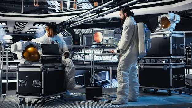 Scientists and engineers in a control room discussing NASA lunar missions.