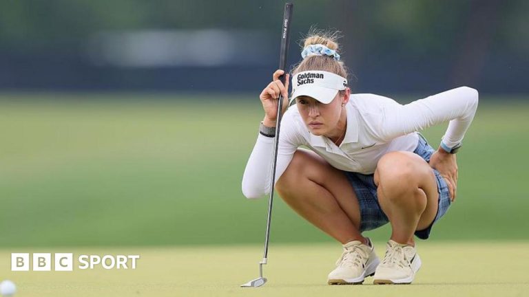 Nelly Korda leading in the Chevron Championship with a strong presence on the golf course.