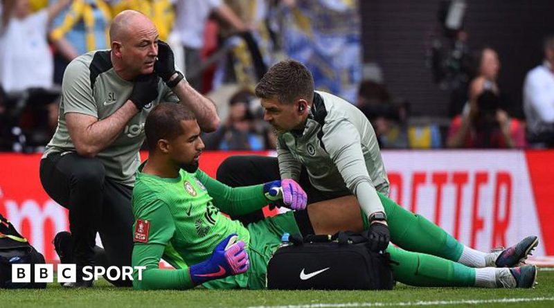 Goalkeeper tactical timeouts in a football match with players in action.