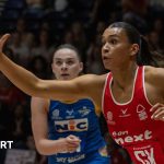 Nottingham Forest netball victory scene with players in action.