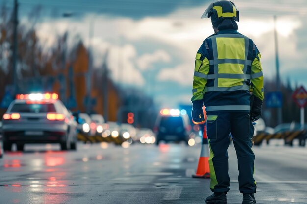 A police officer discusses a traffic accident scene involving a motorbike.