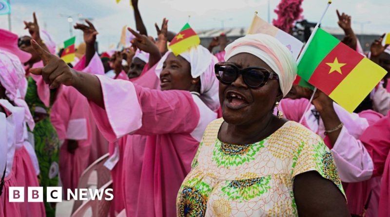 A diverse crowd attending an outdoor Mass led by Pope Leo XIV in Cameroon, focused on the service.