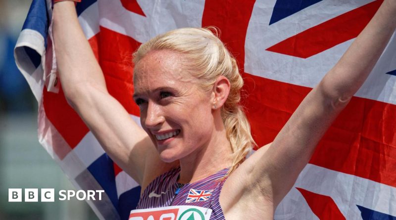 A pregnant runner crossing the finish line at the Boston Marathon, showcasing her determination.