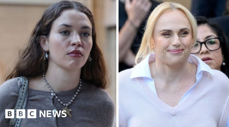 A courtroom scene depicting the Rebel Wilson defamation case testimony.