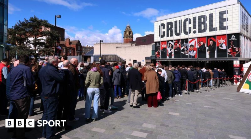 A lively snooker match at the 2026 World Snooker Championship with focused players and cheering fans.