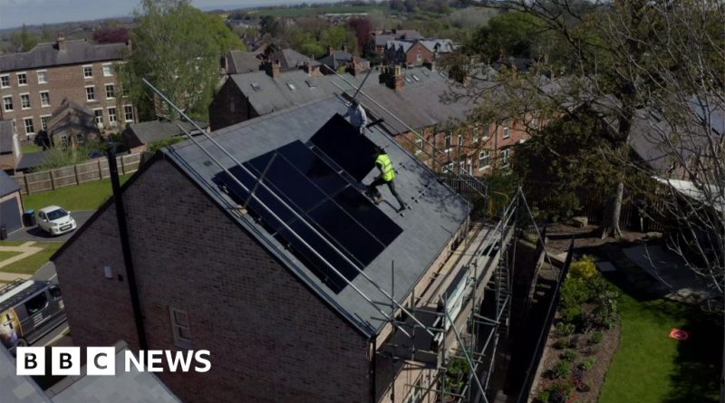 Solar energy solutions with technicians installing solar panels on rooftops.