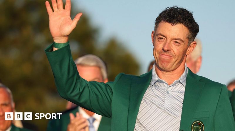 Rory McIlroy Masters victory celebration with professional golfers discussing strategies.