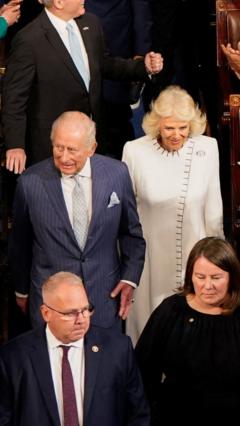 King and Queen Camilla receive a standing ovation during their Congress visit.