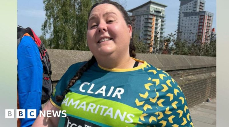 Cheerful runner finishing last at London Marathon, symbolizing hope.