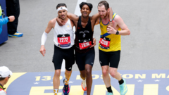 Runners showing support for a competitor at the Boston Marathon finish line.