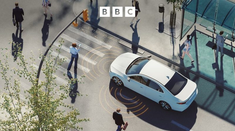 A safe road-sharing scene with self-driving cars and pedestrians.