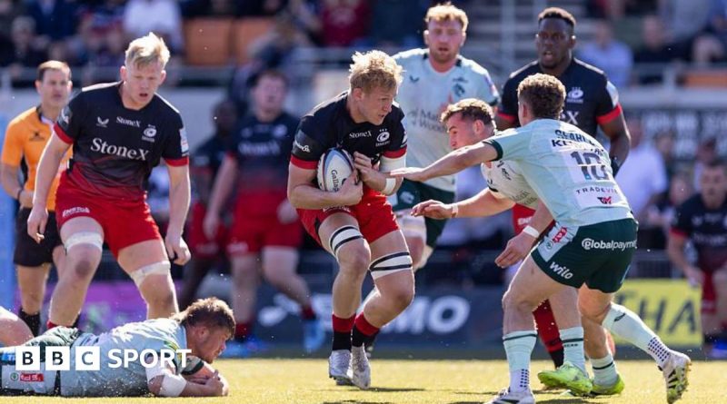 Celebration scene showing Saracens playoff hopes after a rugby match.