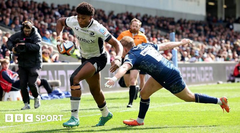 Saracens victory in rugby match, players in action on field.
