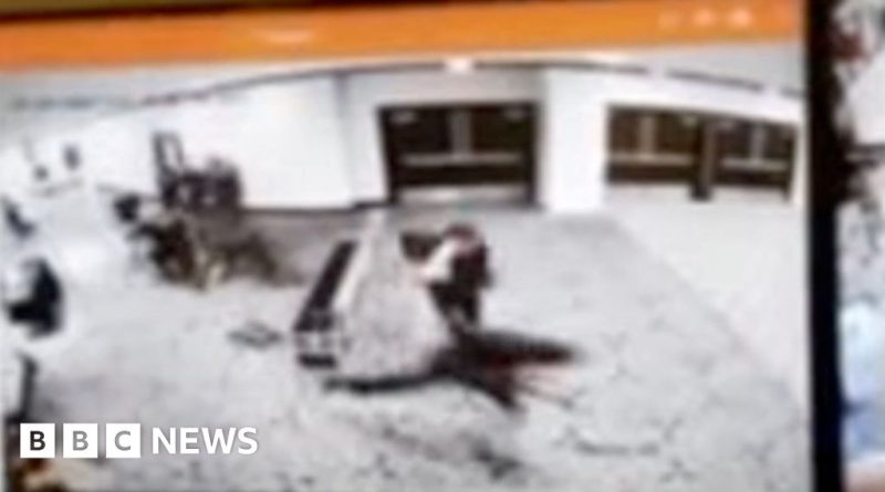 Security breach during a dinner event showing security personnel and metal detectors.