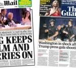 Crowd of attendees at a formal dinner reacting to a shooting incident.