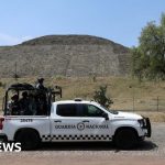 Tourists in professional attire visit the pyramid of Teotihuacan amidst safety concerns.