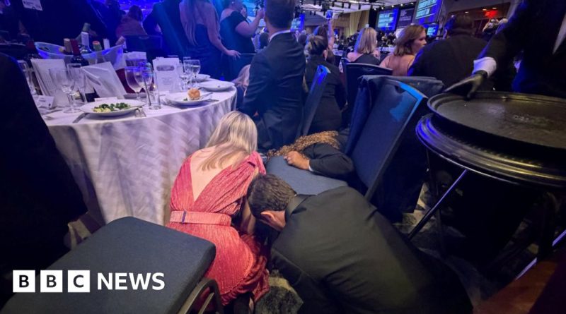 Guests at a gala responding to the White House shooting incident.