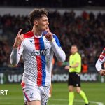 Jorgen Strand Larsen celebrating a goal for Crystal Palace in pursuit of a European trophy