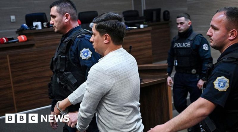 Courtroom scene related to the Kosovo monastery attack sentencing.