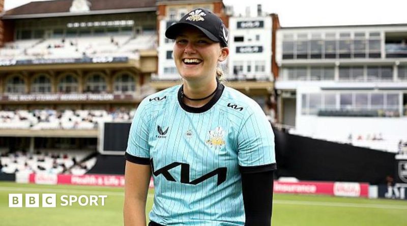 Tilly Corteen-Coleman cricket practice in a green field.