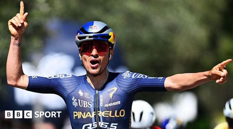 Tom Pidcock Tour of the Alps cyclists racing in a stunning mountain scenery.