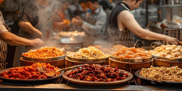 A vibrant Chinese street market showcasing various Chinese dishes to try.