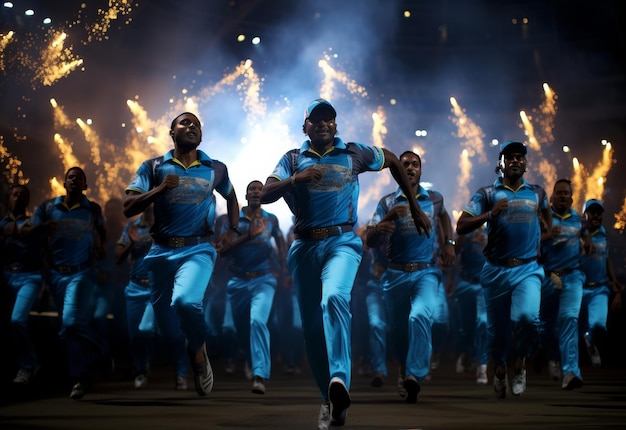 A dynamic scene featuring great IPL captains leading their teams in cricket.