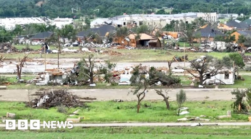 Aerial view of Texas tornado destruction showing damaged buildings and debris.