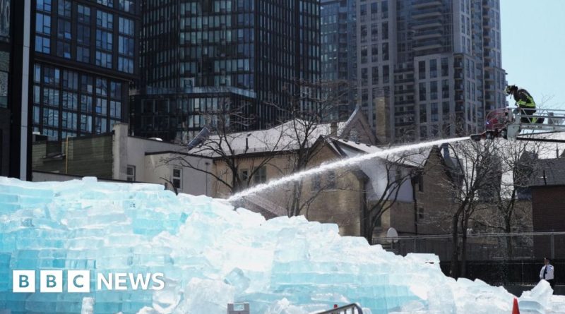 Firefighters melting Drake's ice installation for public safety in Toronto.