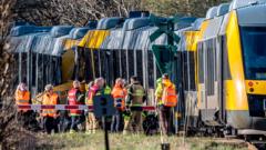 Emergency responders assist injured people after a train collision in Denmark.