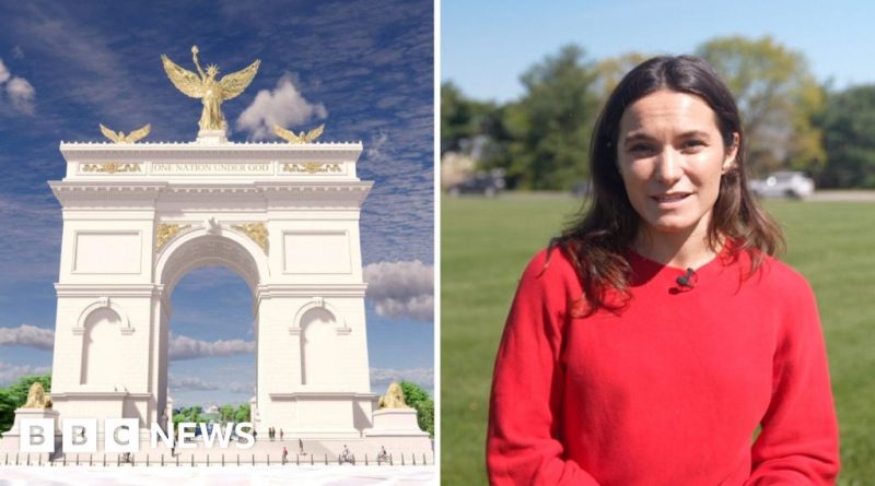 A diverse group discussing Trump's 250-foot arch project in a conference room.