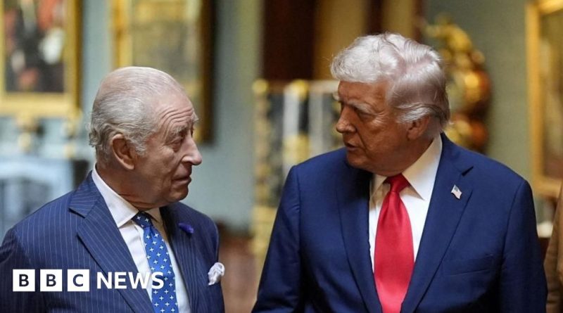 A diverse group in professional attire discussing Trump King's visit UK relations.