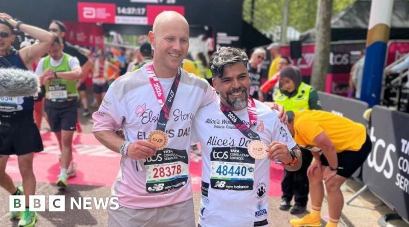 Sergio Aguiar and David Stancombe at the London Marathon finish line.