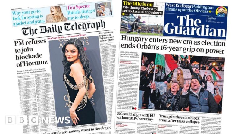 Professionals discussing the UK Iran blockade and Hungary's new leadership in an office.