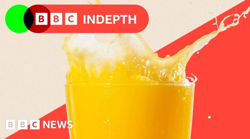 A supermarket scene showing orange juice priced at £5.30 with shoppers exploring options.