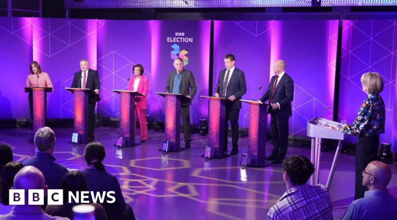 Candidates discussing policy costs during a Welsh election debate.