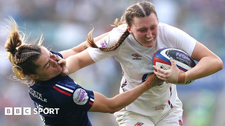Women's Six Nations Rugby match showcasing teamwork and skill.