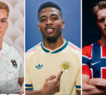 Diverse soccer fans celebrate wearing various World Cup team kits.