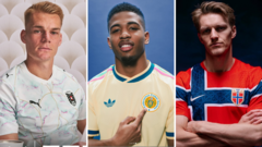 Diverse soccer fans celebrate wearing various World Cup team kits.