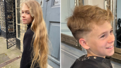 Young boy smiling after haircut for donate hair charity.