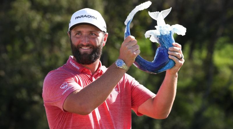 Jon Rahm celebrates his comeback victory at the Tournament of Champions in Hawaii.