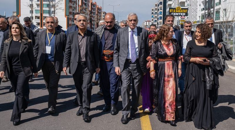 A group discussing Turkey's pro-Kurdish party in a modern office setting.