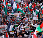 A peaceful pro-Palestinian march with diverse participants in professional attire.
