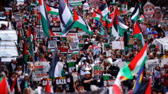 A peaceful pro-Palestinian march with diverse participants in professional attire.