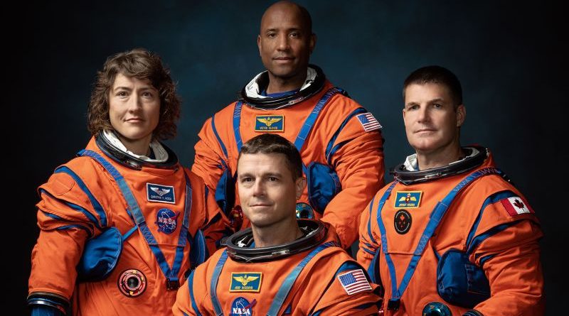 Four astronauts in training for the Artemis II moon mission, showcasing teamwork and preparation.