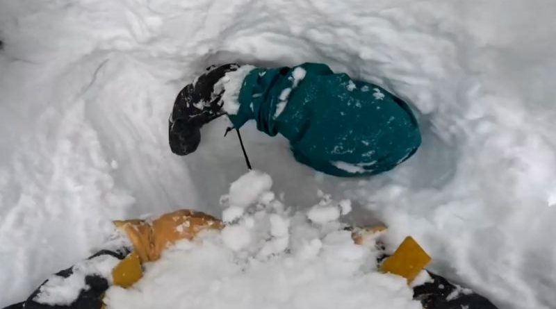 Skier performs a snowboarder rescue in a tree well on a snowy mountain.