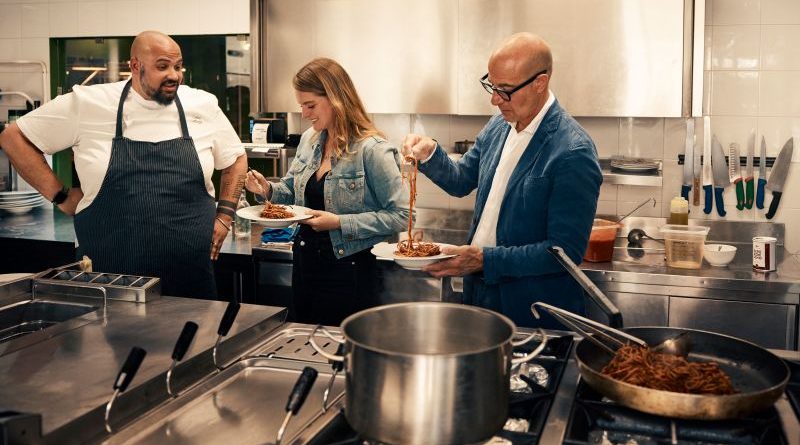 A picturesque Italian restaurant setting featuring Italian dishes explored by Stanley Tucci.